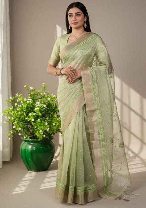 Pista Embroidered Poly Shimmer Saree
