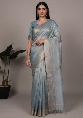 Sky Blue Embroidered Poly Shimmer Saree