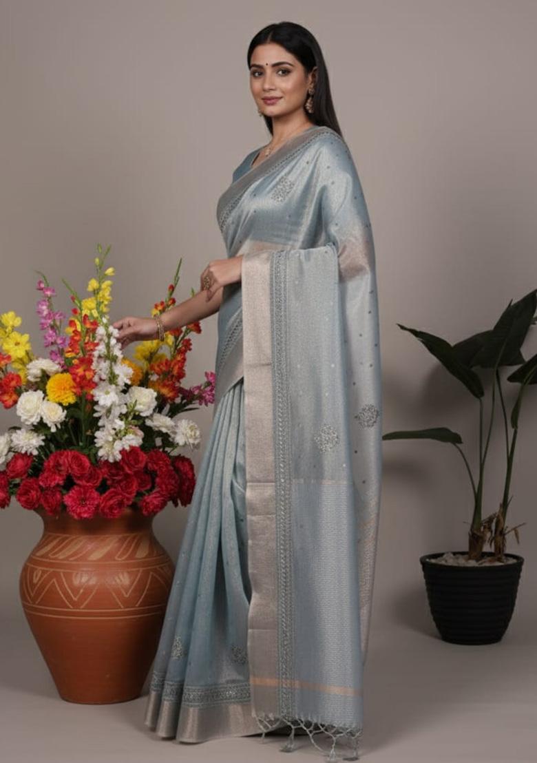 Sky Blue Embroidered Poly Shimmer Saree - Indya