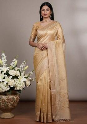 Yellow Embroidered Poly Shimmer Saree
