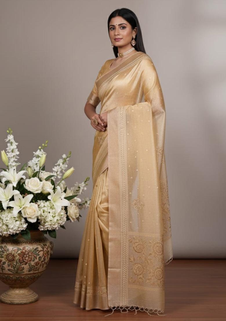 Yellow Embroidered Poly Shimmer Saree - Indya