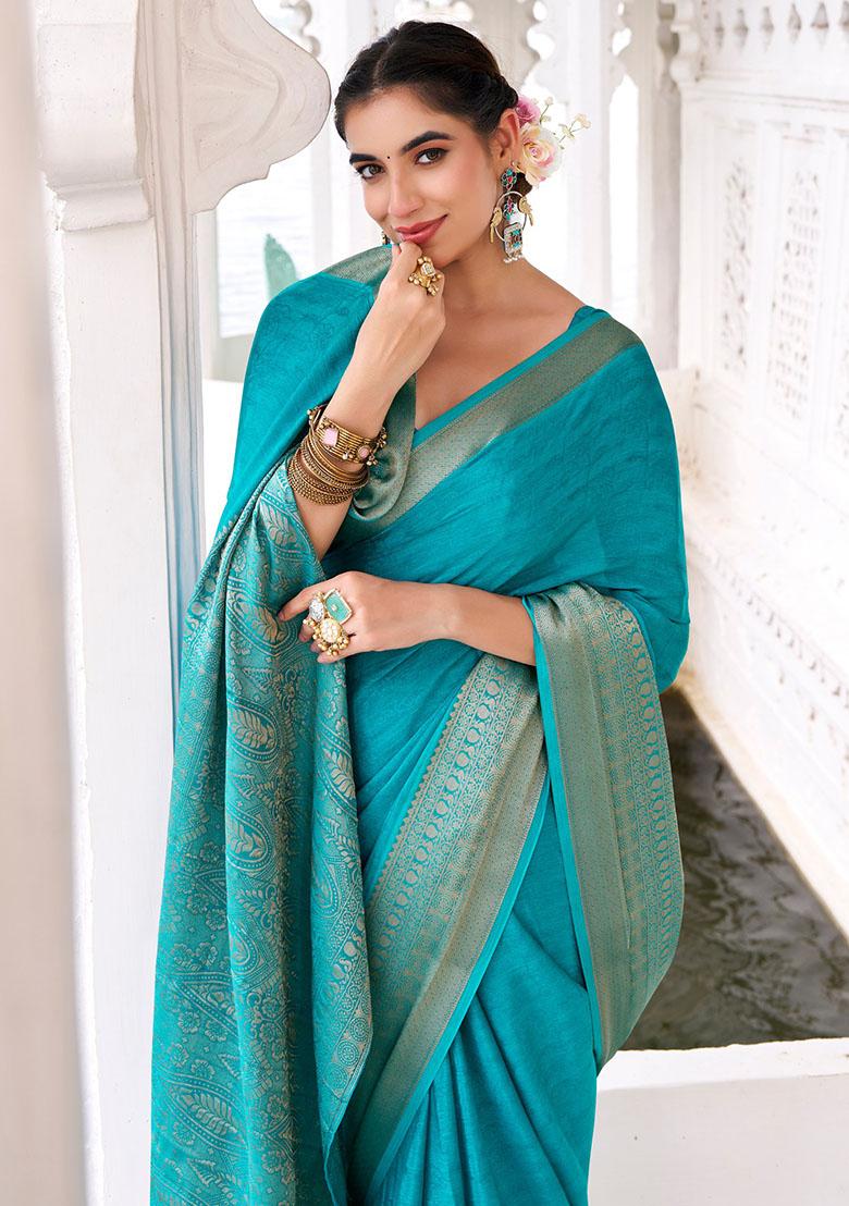 Firozi Printed Chinon Saree - Indya