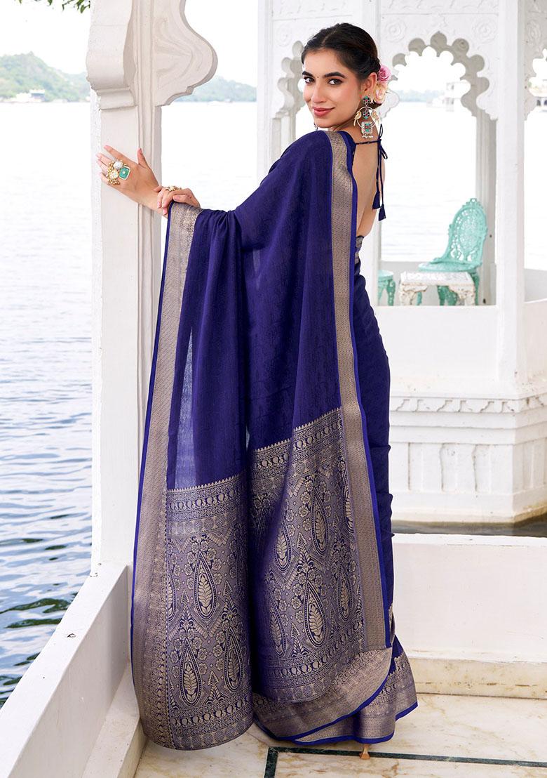 Navy Blue Printed Chinon Saree - Indya