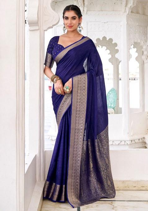 Navy Blue Printed Chinon Saree