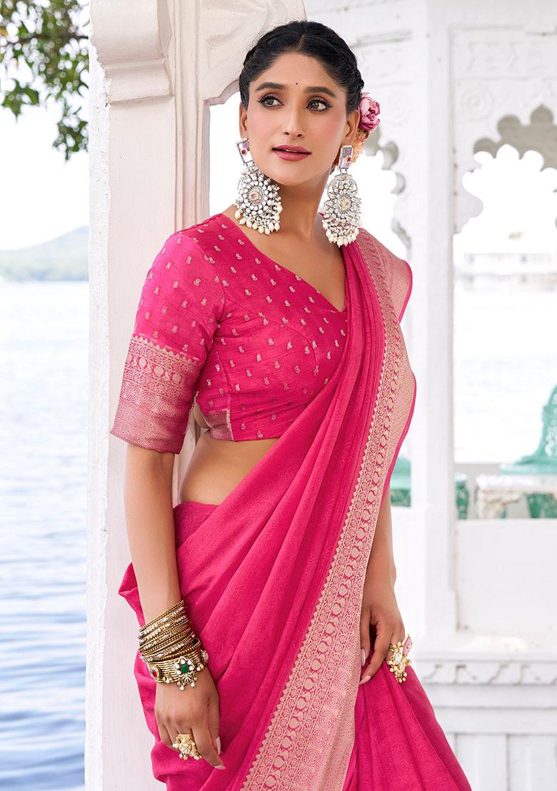 Pink Printed Chinon Saree - Indya