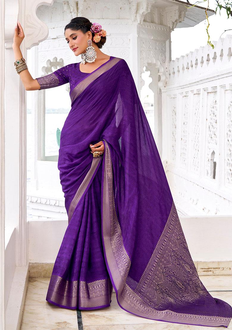 Purple Printed Chinon Saree - Indya