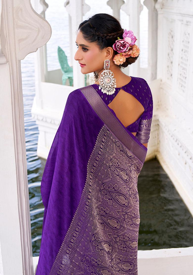 Purple Printed Chinon Saree - Indya