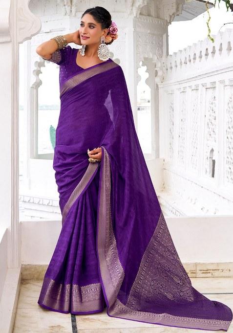 Purple Printed Chinon Saree