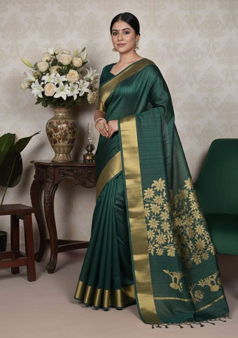 Green Weaving Work Silk Blend Saree for Diwali | Wedding & Festive Wear - Indya
