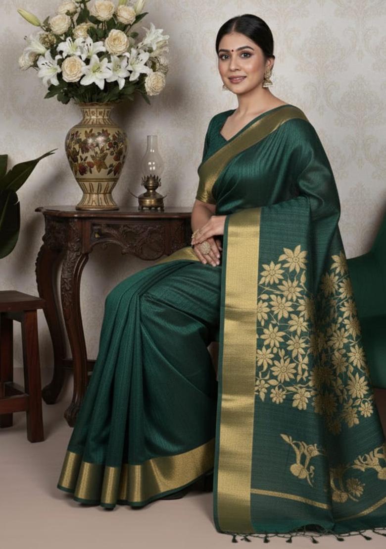 Green Weaving Work Silk Saree - Indya