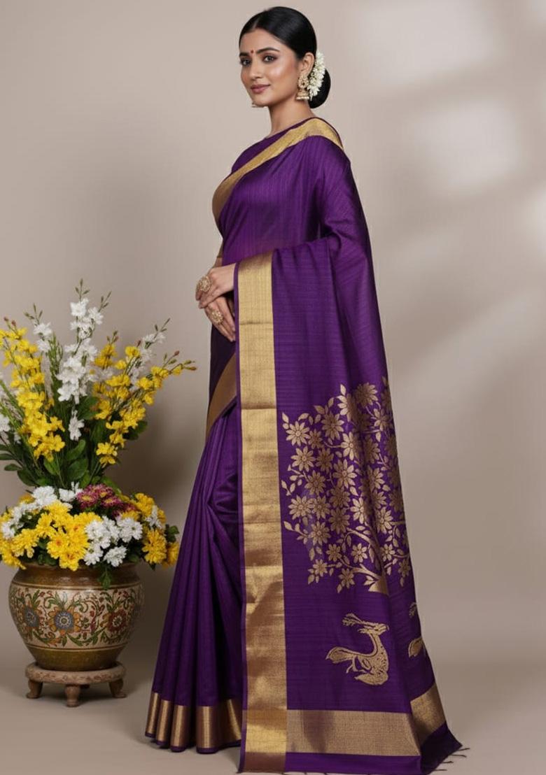 Purple Weaving Work Silk Saree - Indya
