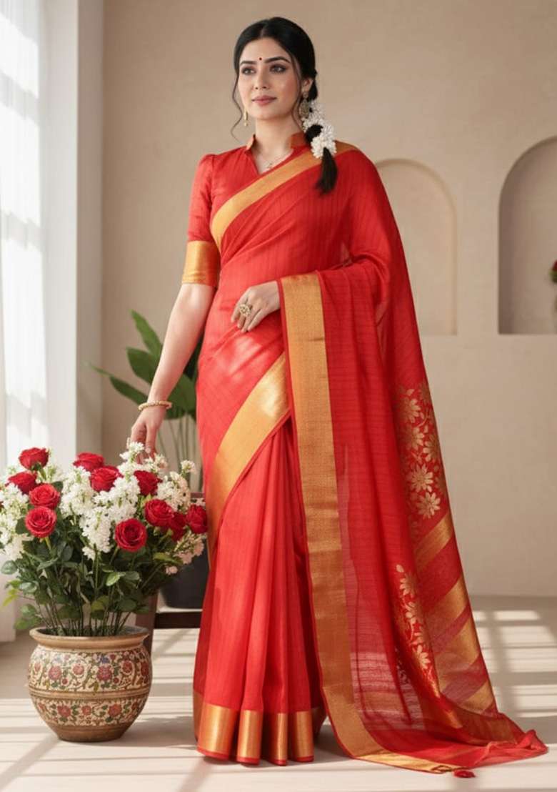 Red Weaving Work Silk Blend Saree for Diwali | Wedding & Festive Wear - Indya