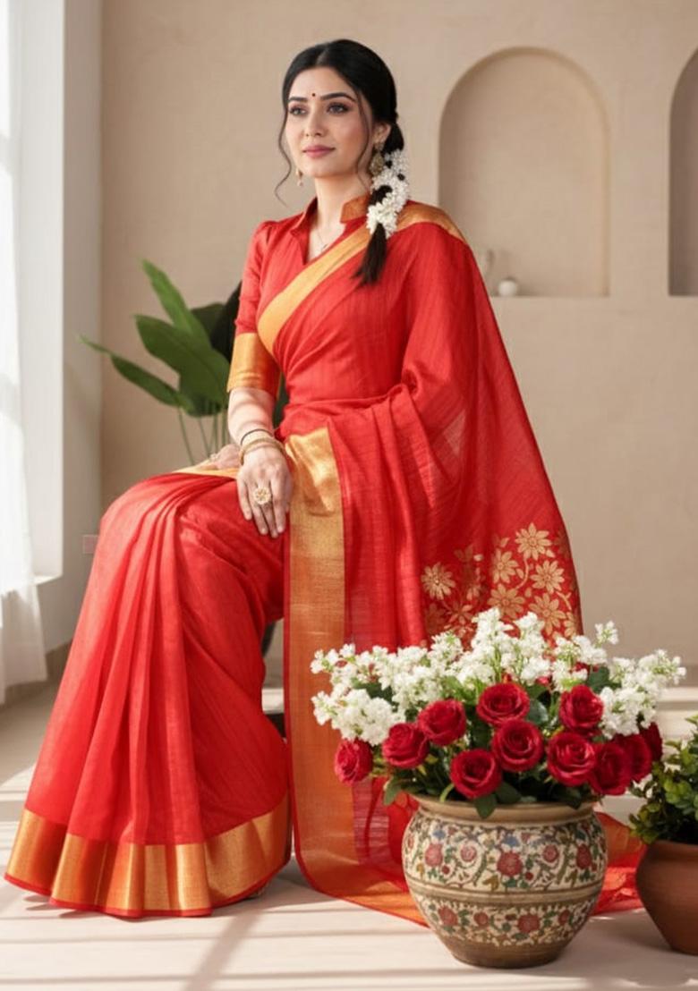 Red Weaving Work Silk Saree - Indya