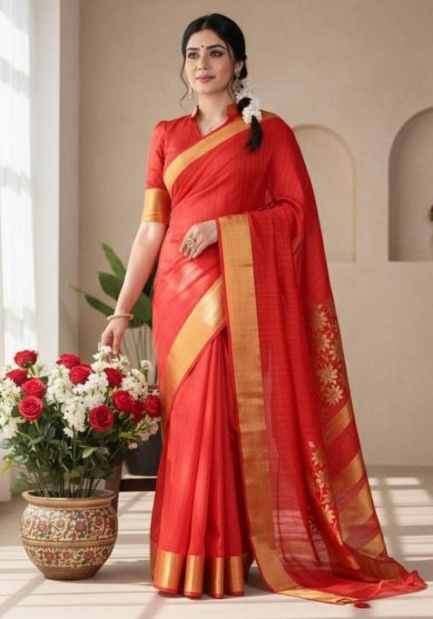 Red Weaving Work Silk Saree
