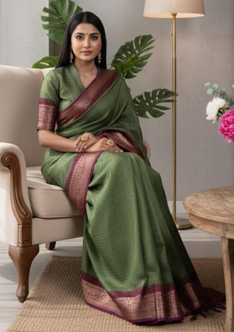 Mehendi Weaving Work Dola Chex Saree - Indya