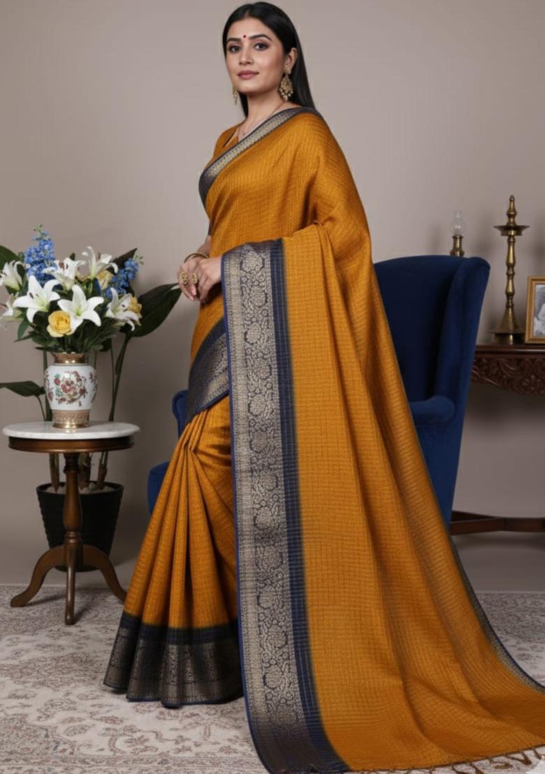 Mustard Weaving Work Dola Chex Saree - Indya