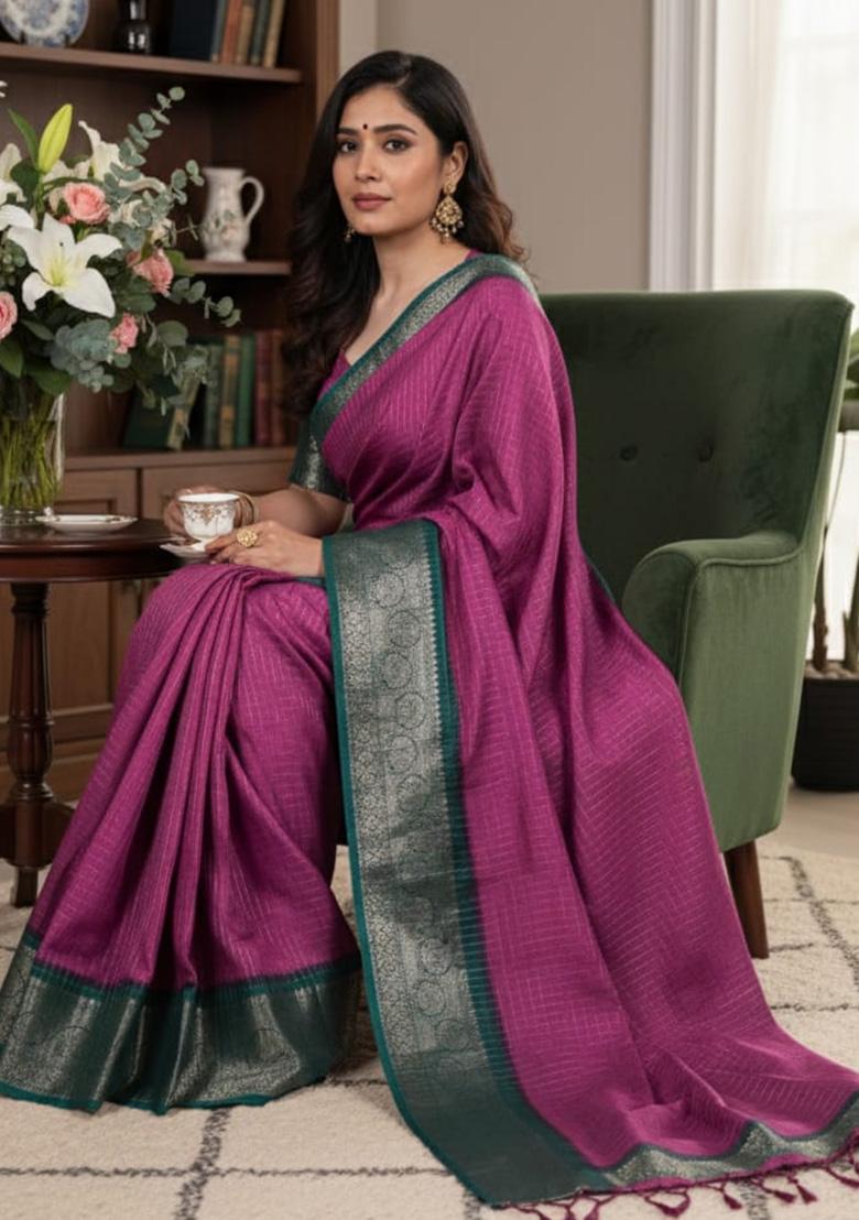 Pink Weaving Work Dola Chex Saree - Indya