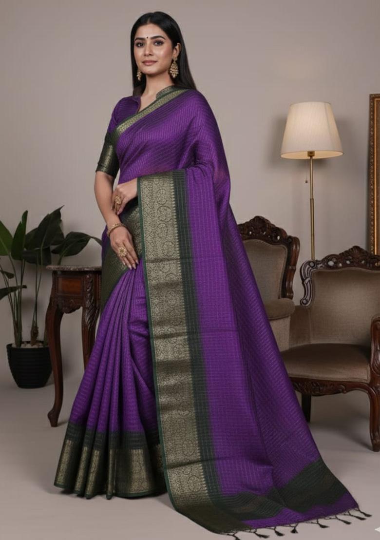 Purple Weaving Work Dola Chex Saree - Indya