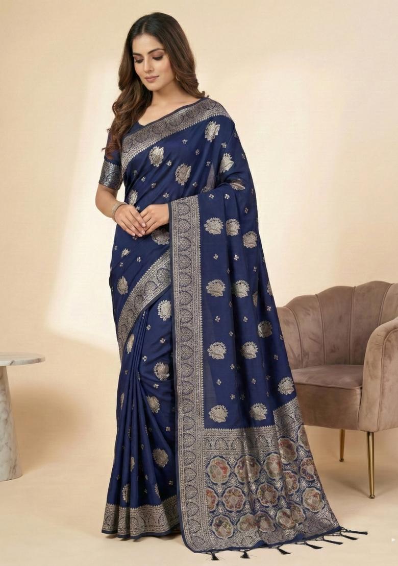 Navy Blue Weaving Work Silk Saree Set - Indya