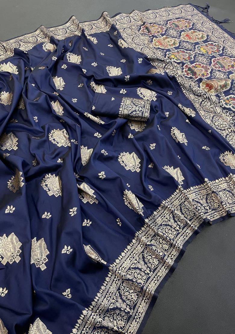 Navy Blue Weaving Work Silk Saree Set - Indya