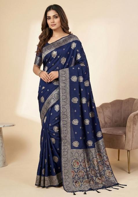 Navy Blue Weaving Work Silk Saree Set