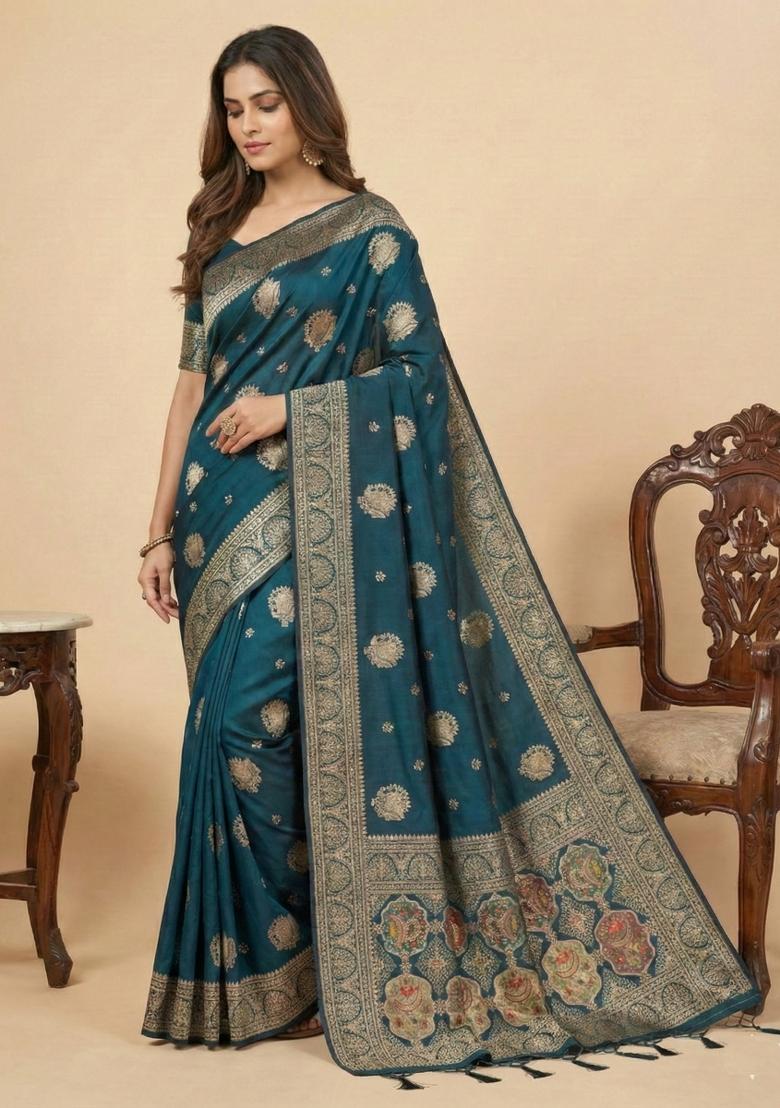 Rama Weaving Work Silk Saree Set - Indya