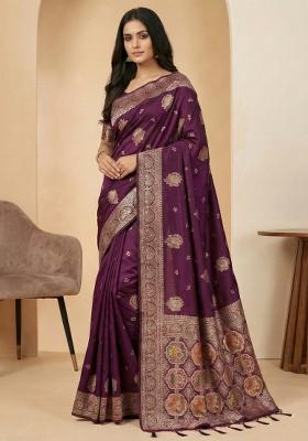 Wine Weaving Work Silk Saree Set