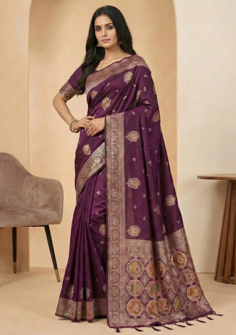 Wine Weaving Work Silk Saree Set - Indya