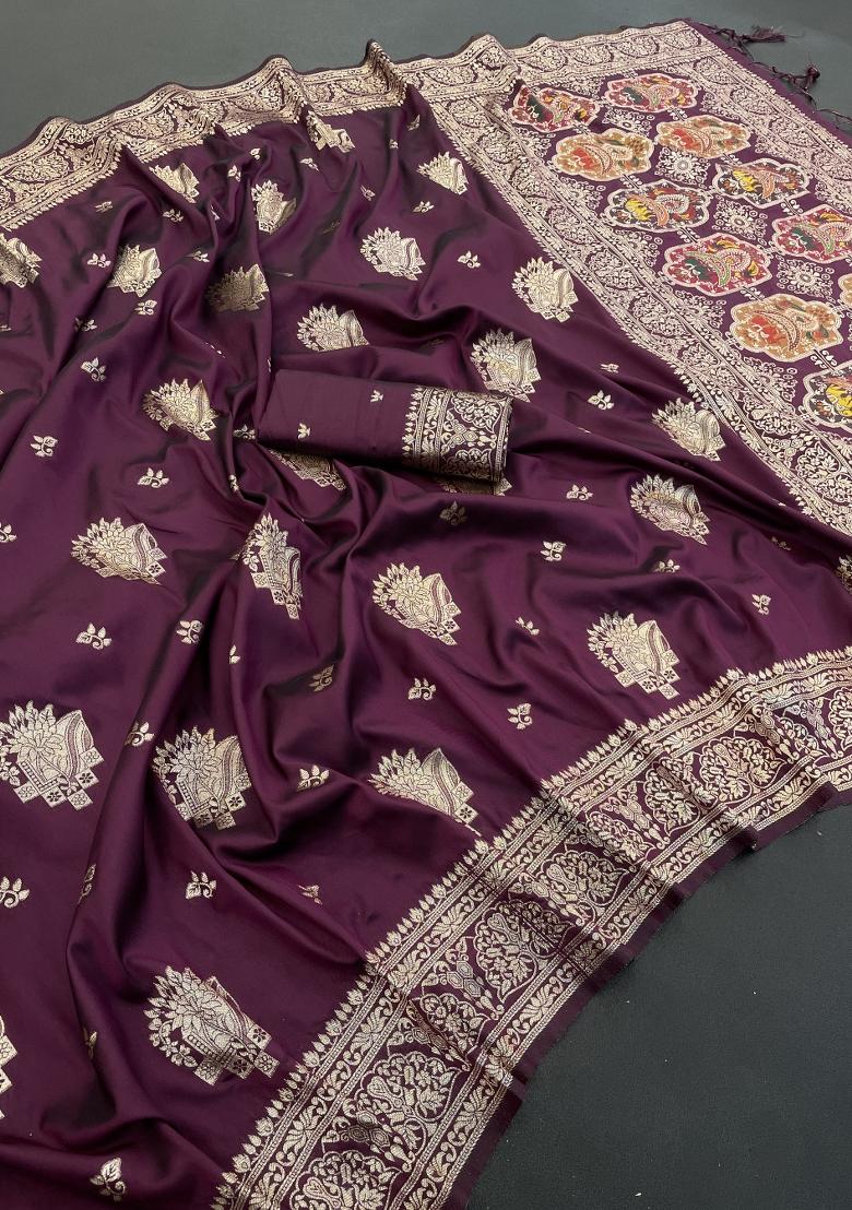 Wine Weaving Work Silk Saree Set - Indya