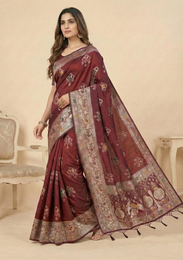 Maroon Weaving Work Silk Saree Set - Indya