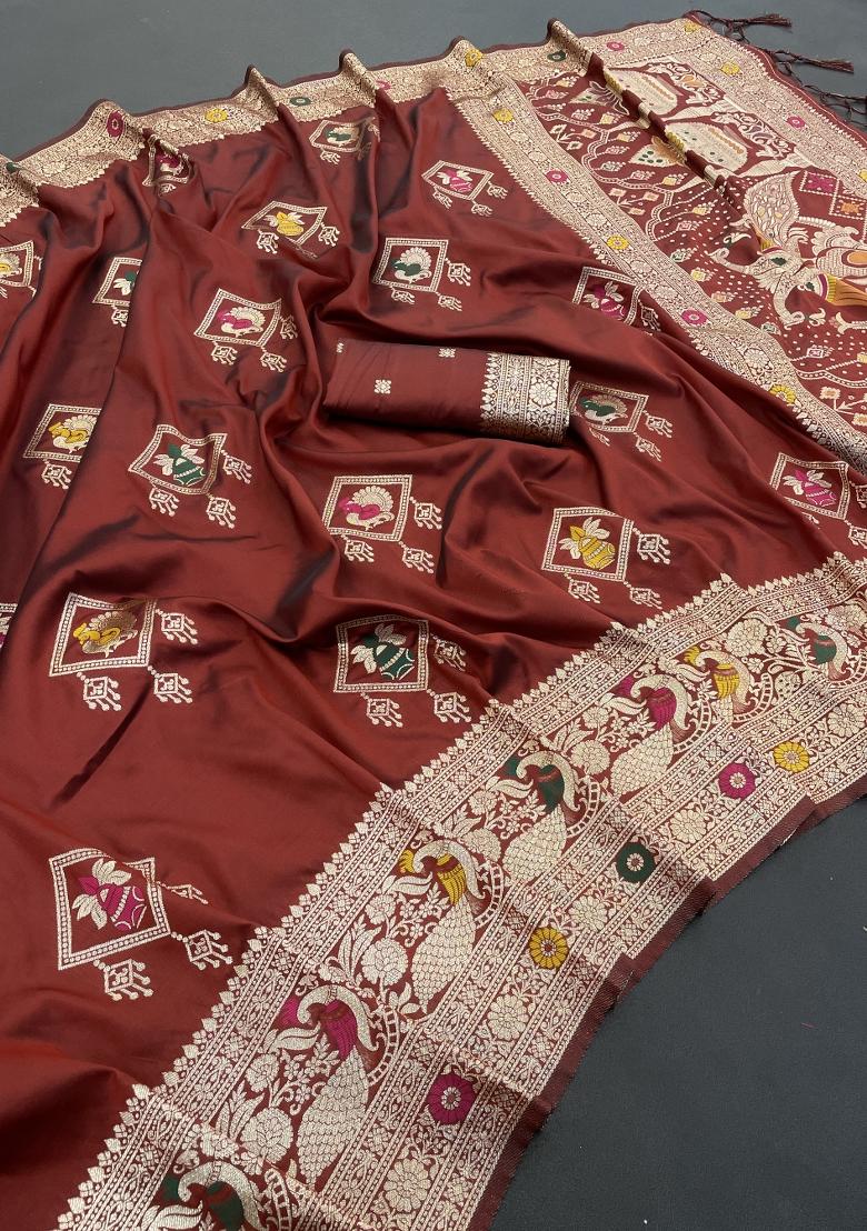 Maroon Weaving Work Silk Saree Set - Indya