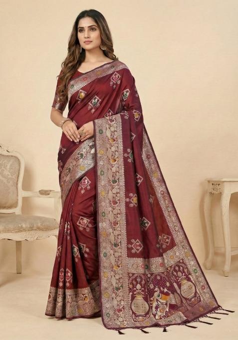 Maroon Weaving Work Silk Saree Set