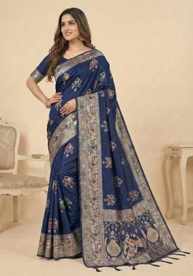 Navy Blue Weaving Work Silk Saree Set