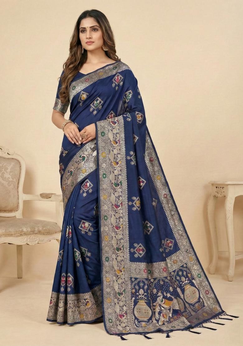Navy Blue Weaving Work Silk Saree Set - Indya
