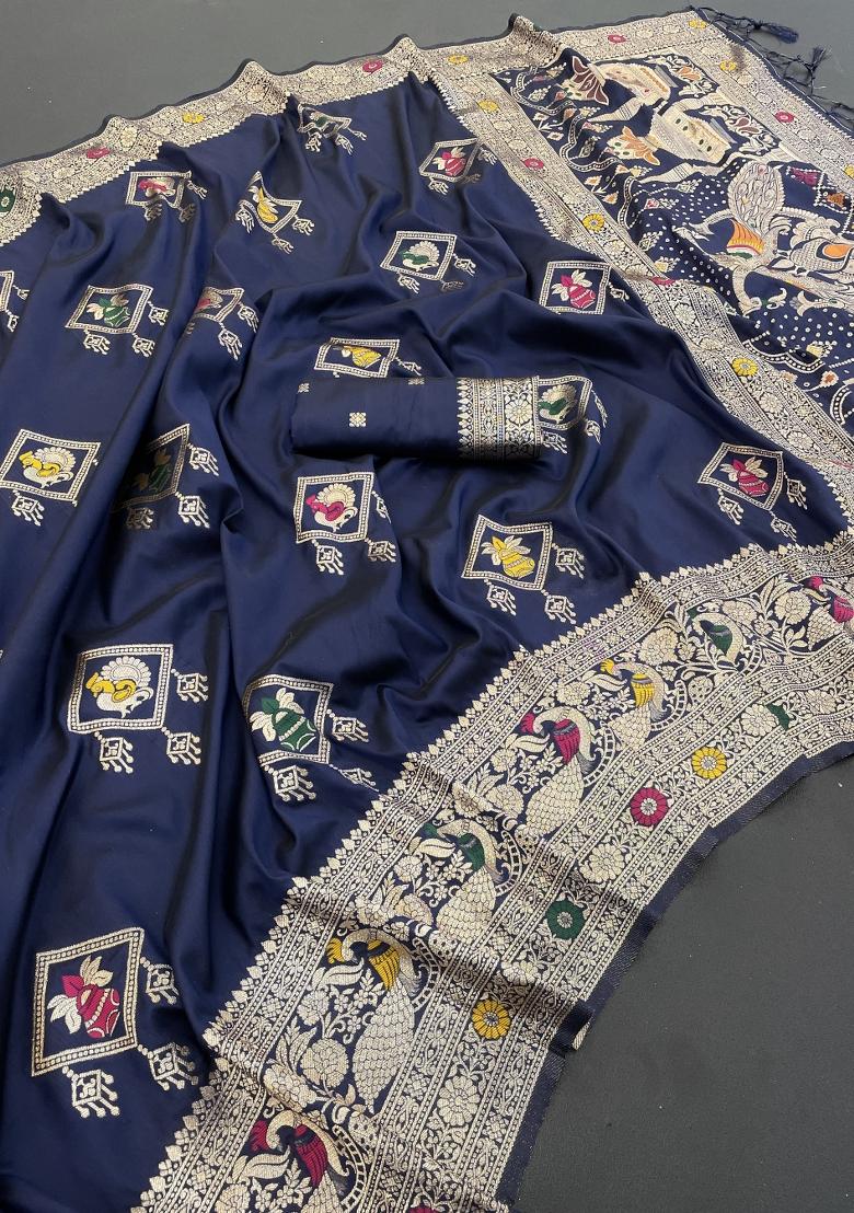 Navy Blue Weaving Work Silk Saree Set - Indya
