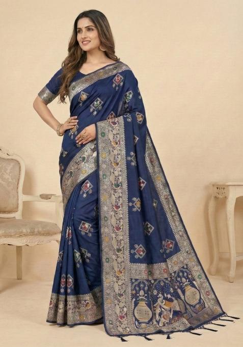 Navy Blue Weaving Work Silk Saree Set