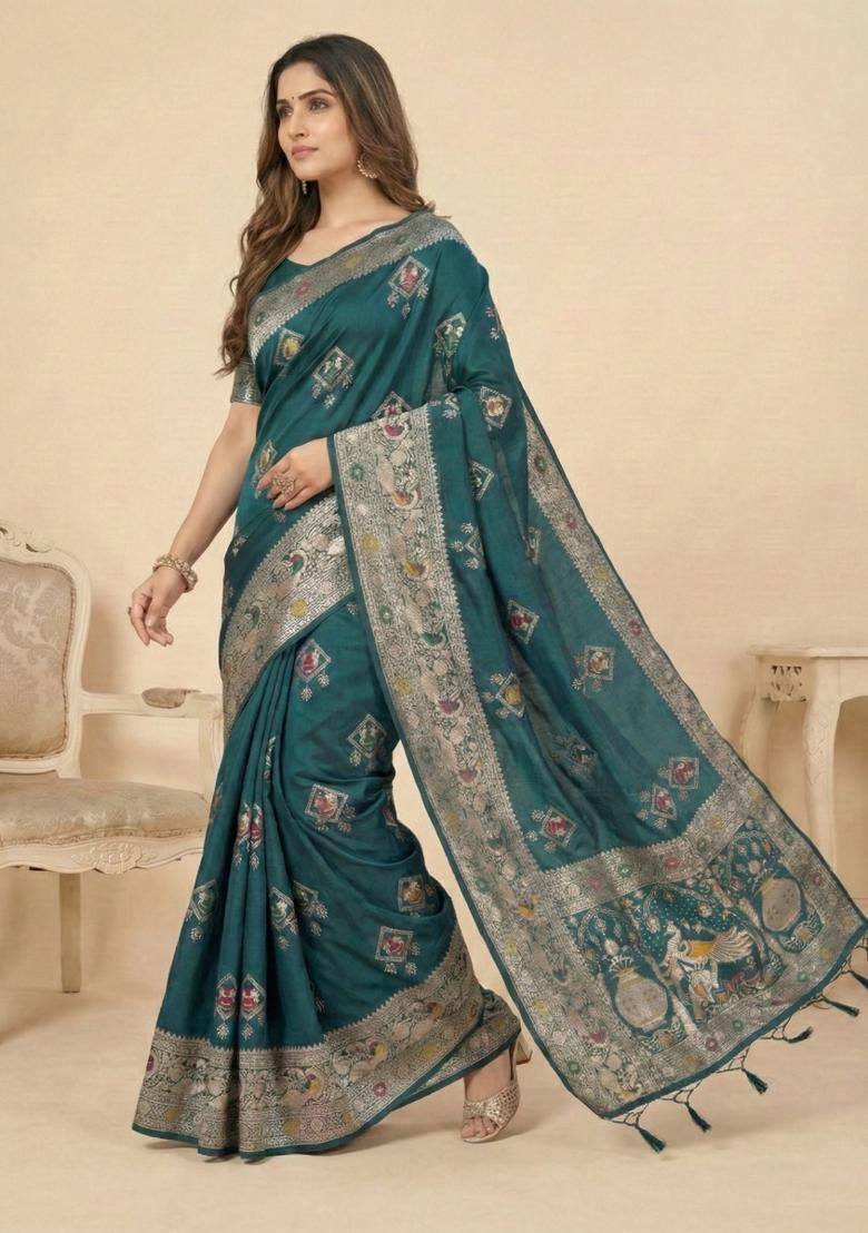 Rama Weaving Work Silk Saree Set - Indya