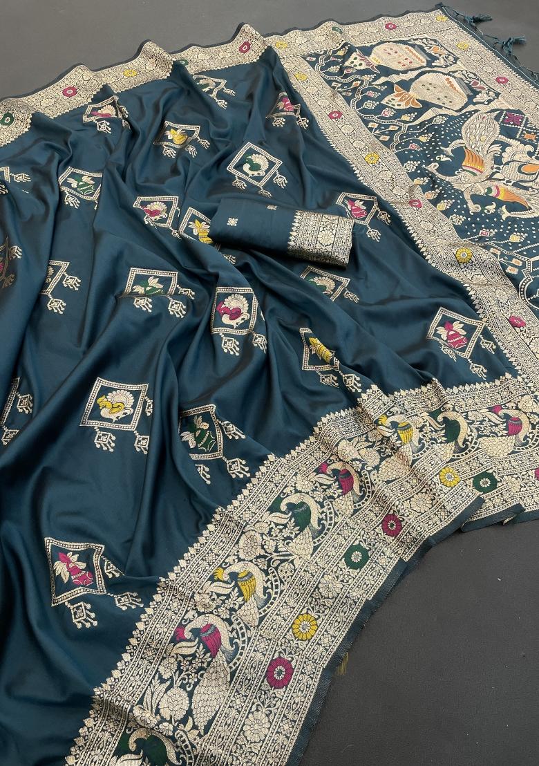 Rama Weaving Work Silk Saree Set - Indya