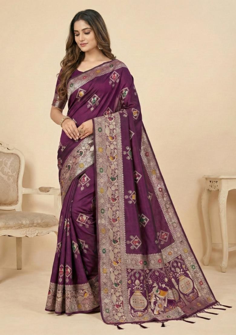 Wine Weaving Work Silk Saree Set - Indya