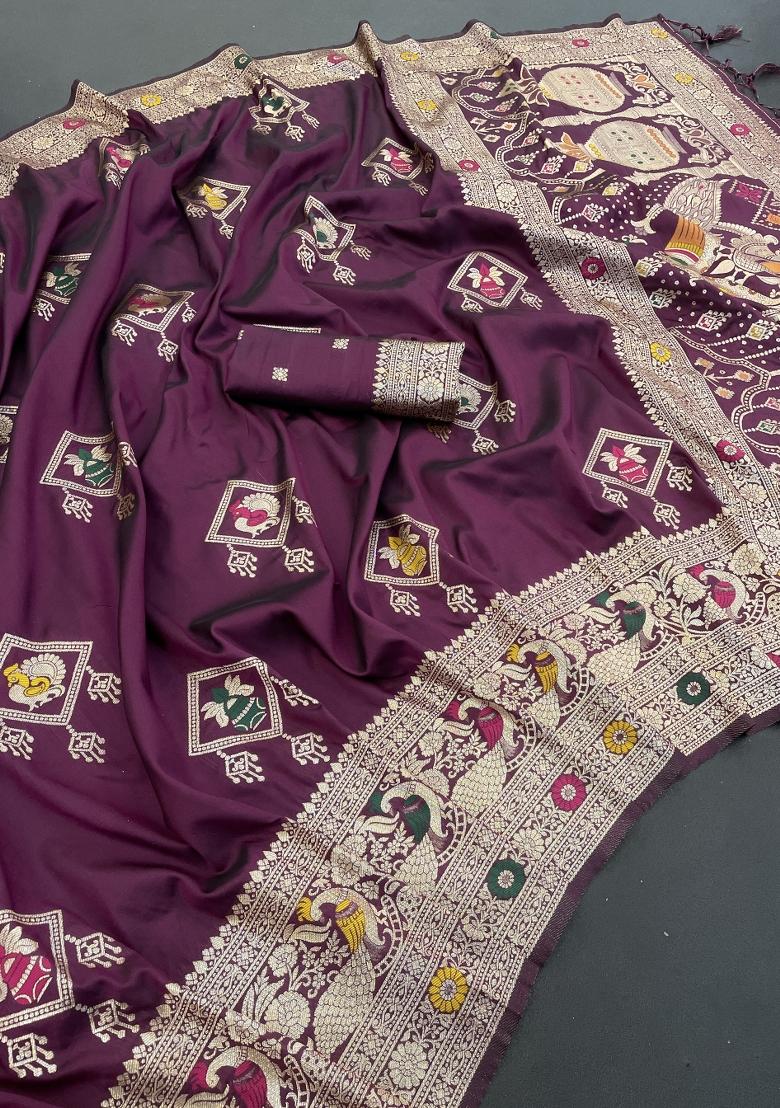 Wine Weaving Work Silk Saree Set - Indya
