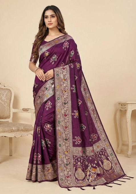 Wine Weaving Work Silk Saree Set