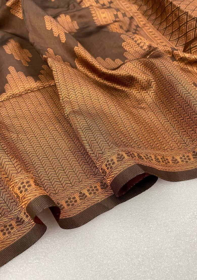 Brown Weaving Work Silk Saree Set - Indya