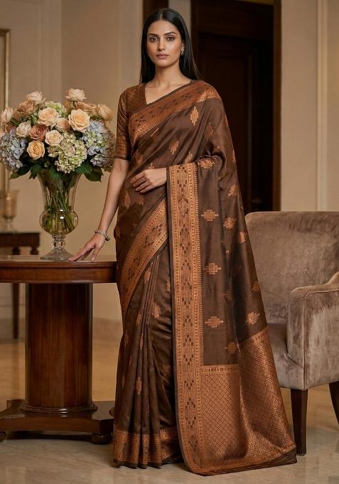 Brown Weaving Work Silk Saree Set