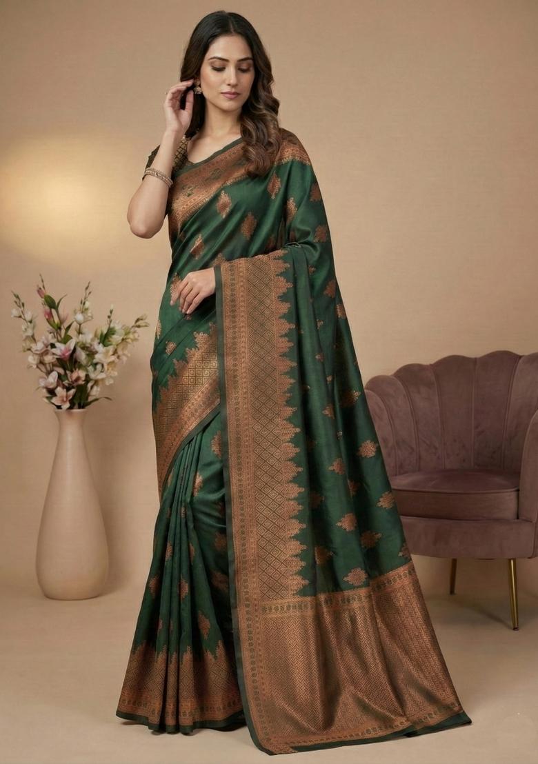 Green Weaving Work Silk Saree Set - Indya
