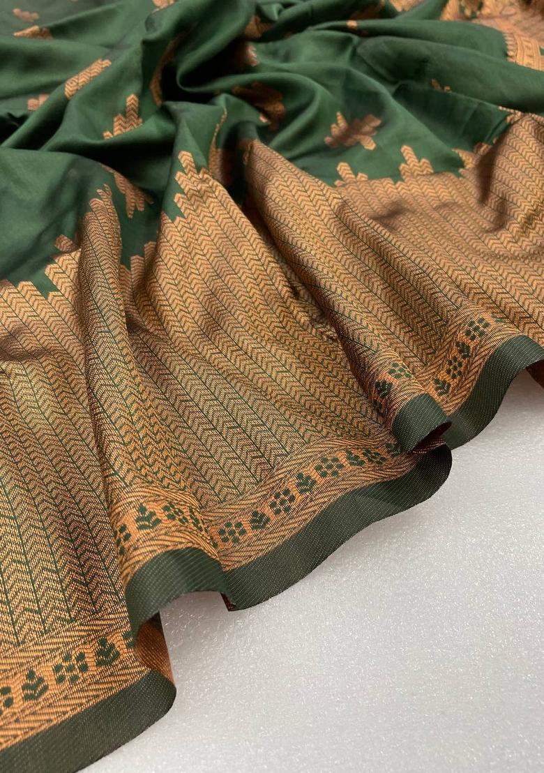 Green Weaving Work Silk Saree Set - Indya