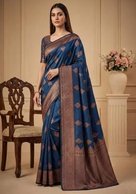 Navy Blue Weaving Work Silk Saree Set
