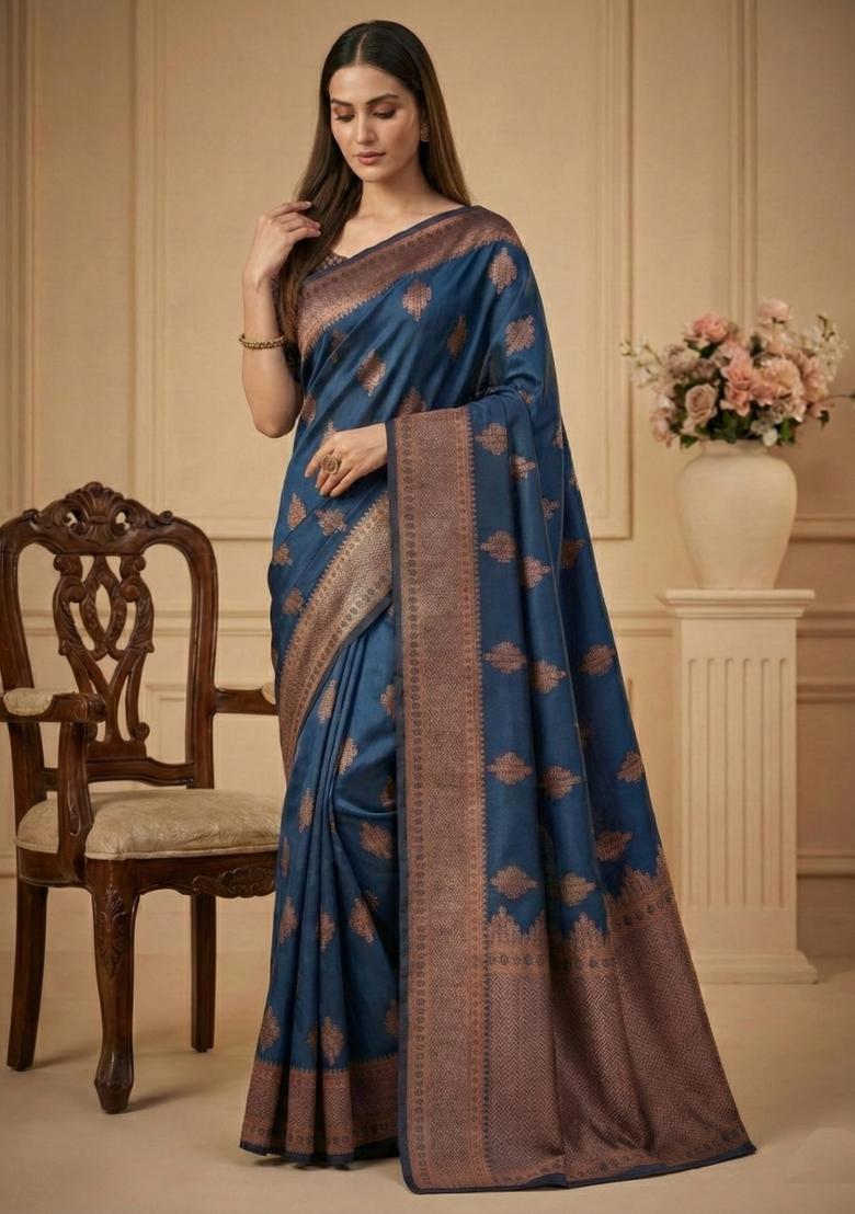 Navy Blue Weaving Work Silk Saree Set - Indya