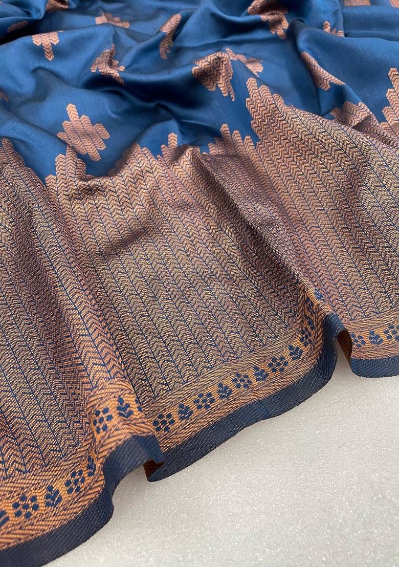 Navy Blue Weaving Work Silk Saree Set - Indya