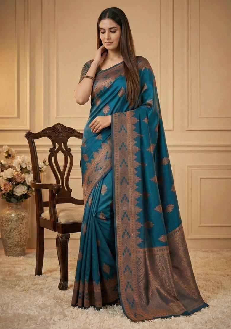 Rama Weaving Work Silk Saree Set - Indya