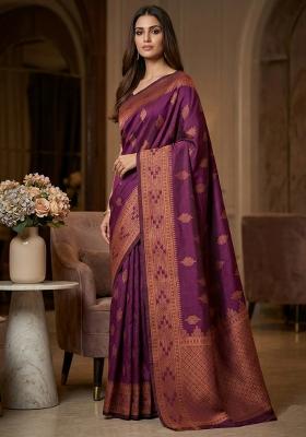 Wine Weaving Work Silk Saree Set